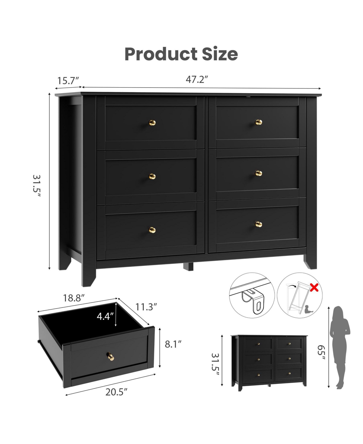 homfan 6-Drawer Dresser with Deep Drawers and Metal Knobs, Modern Wooden Chest for Bedroom Entryway Hallway