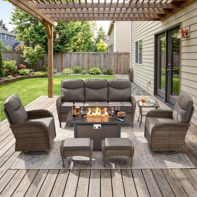 7 Pieces Patio Furniture Set with Fire Pit High Back Outdoor Furniture Set 6-inch Cushions Wicker Patio Swivel Rocker Chairs for Lawn,Deck
