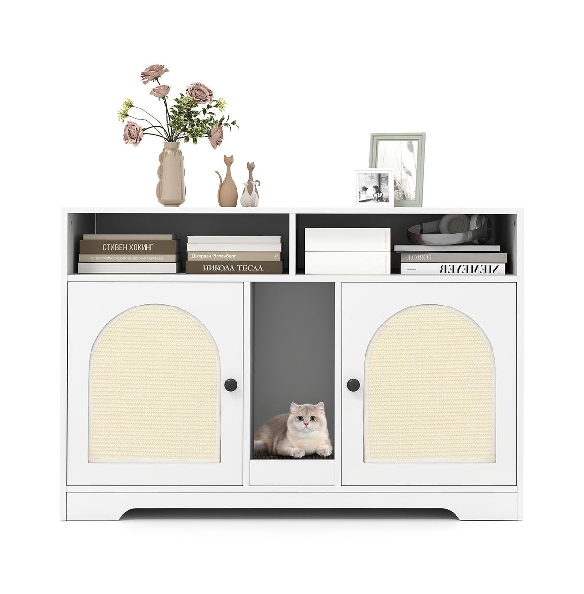 Ruie 43 in Dual-Room Cat Litter Box Enclosure with Sisal Scratching Mats