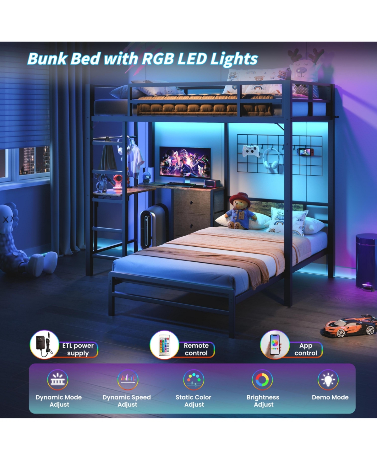 Sailvan Metal Bunk Bed with Folding Table, Led Lights and Charging Station