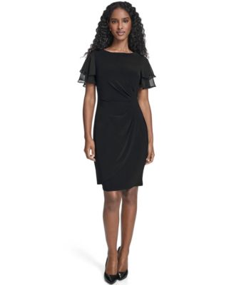 Petite Flutter-Sleeve Tuck Faux Wrap Sheath Dress