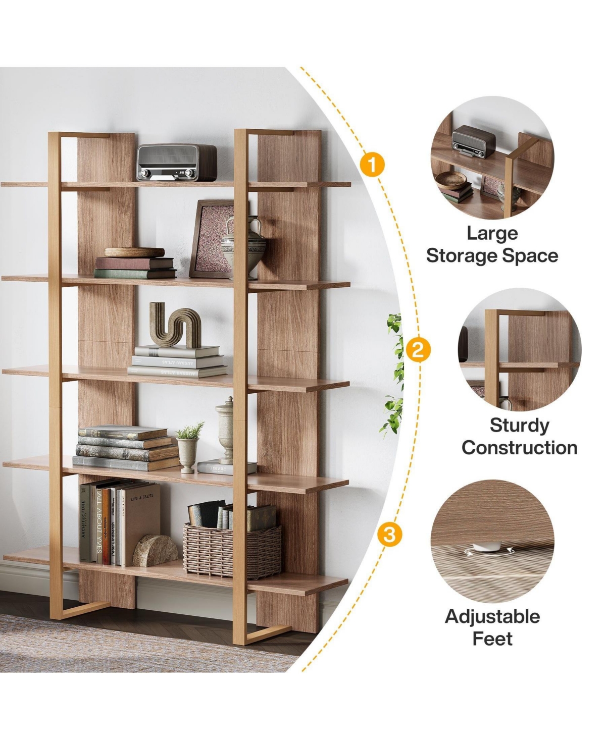 Slickblue 70.8 Inch Bookshelf with 5 Tier Etagere Display Shelves