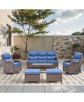 6 Pieces Outdoor Furniture Set Wicker Outdoor Sofa with Swivel Rocking Chairs Patio Ottomans Outdoor Coffee Table