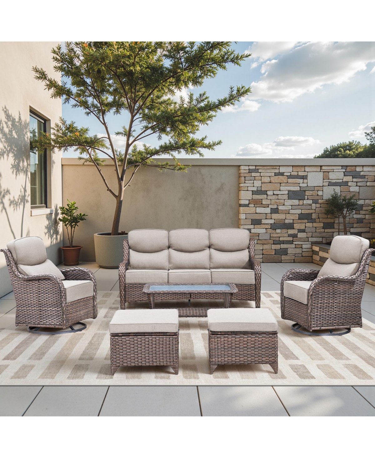 Pocassy 6 Pieces Outdoor Furniture Set Wicker Sofa with Swivel Rocking Chairs Patio Ottomans Coffee Table