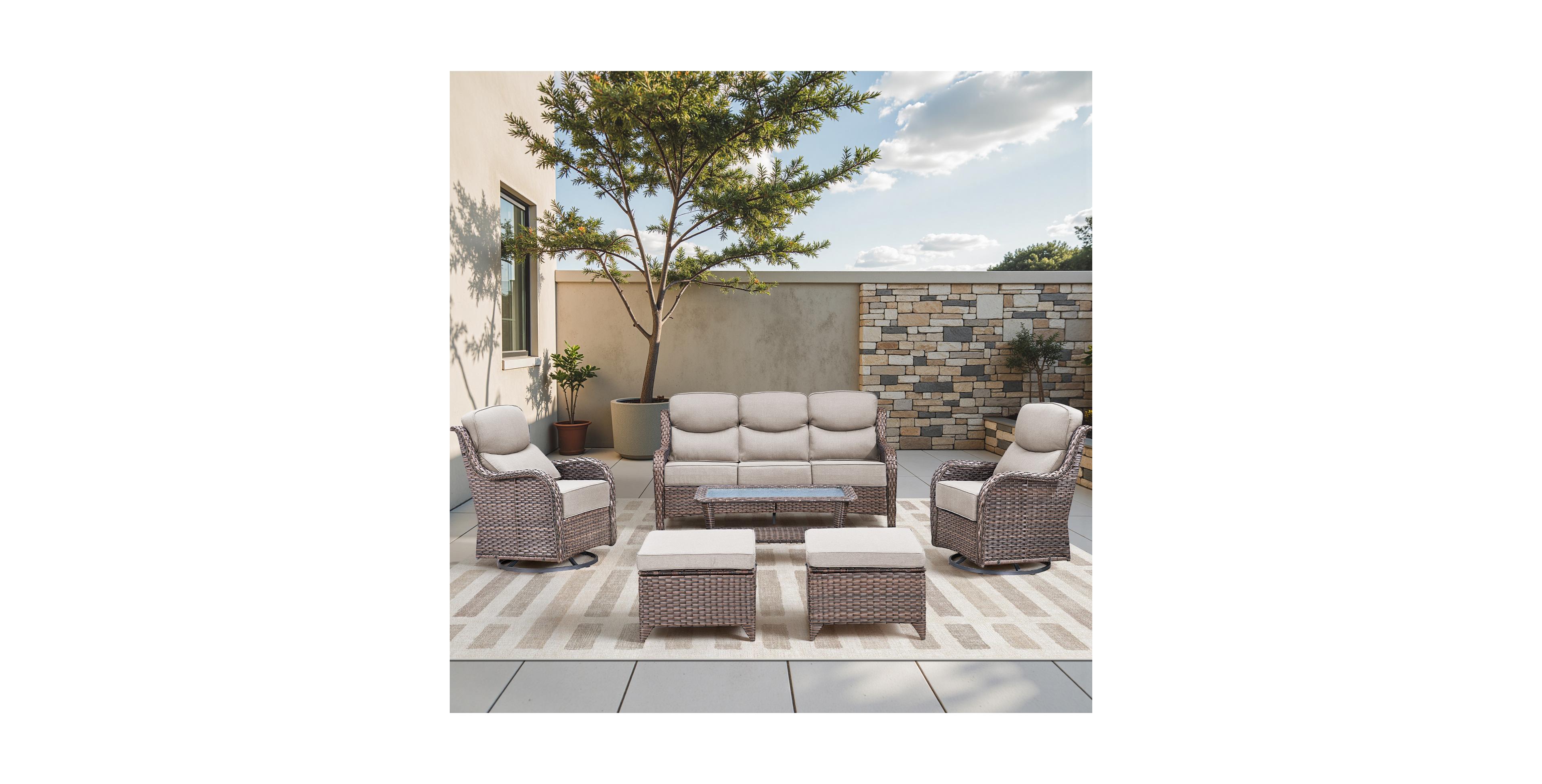 Pocassy 6 Pieces Outdoor Furniture Set Wicker Sofa with Swivel Rocking Chairs Patio Ottomans Coffee Table