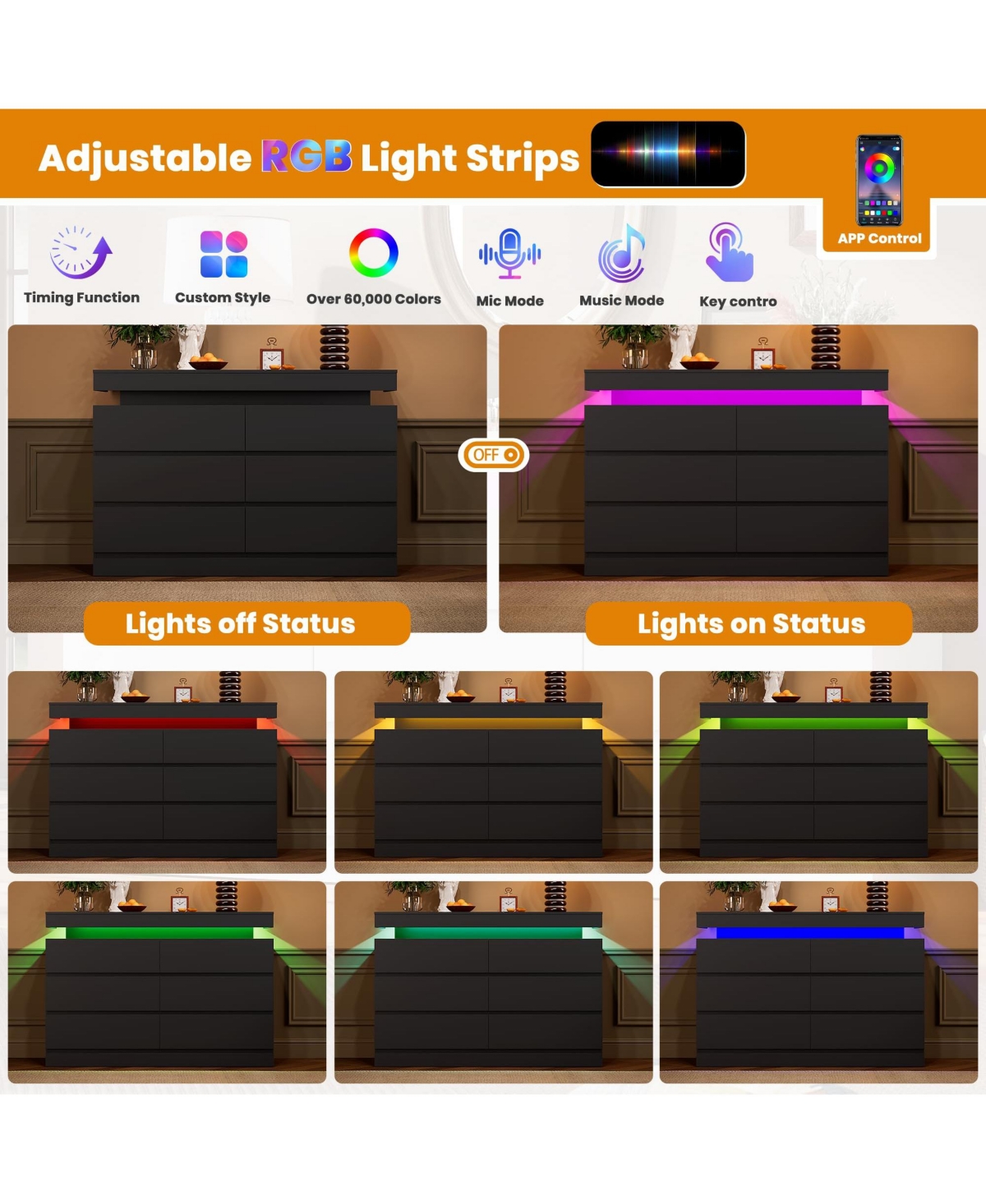 homfan 47" 6-Drawer Dresser with Led Light and Charging Station, Storage Chest for Bedroom Living Room