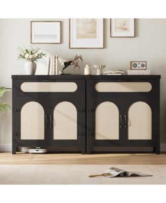 Set of 2 Modern Rattan Sideboard with Drawer and Adjustable Shelves, 30 Inch Storage Buffet for Entryway, Living Room, Dining Room and Kitchen