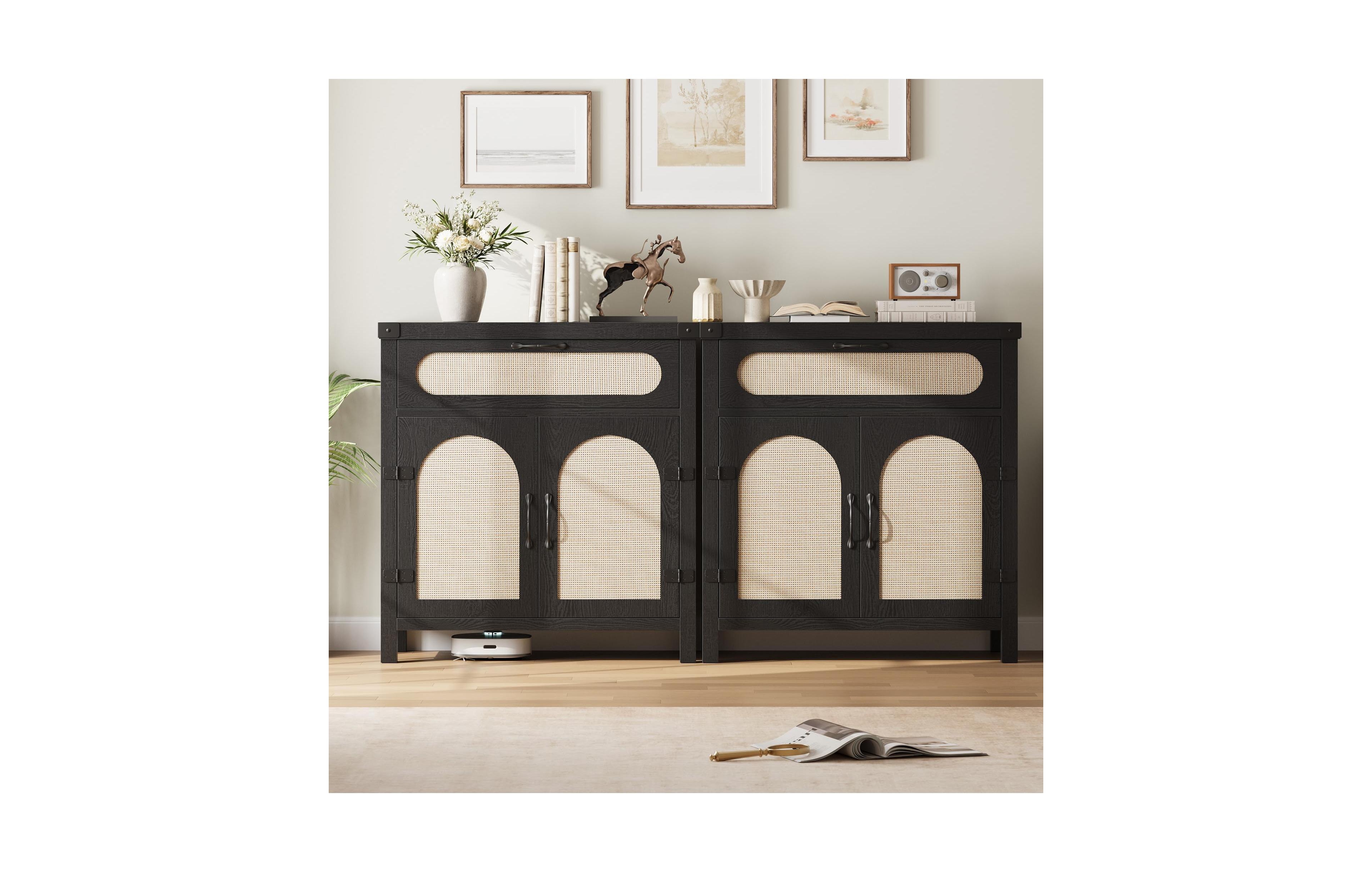 homfan Set of 2 Modern Rattan Sideboard with Drawer and Adjustable Shelves, 30 Inch Storage Buffet for Entryway, Living Room, Dining Room and Kitchen