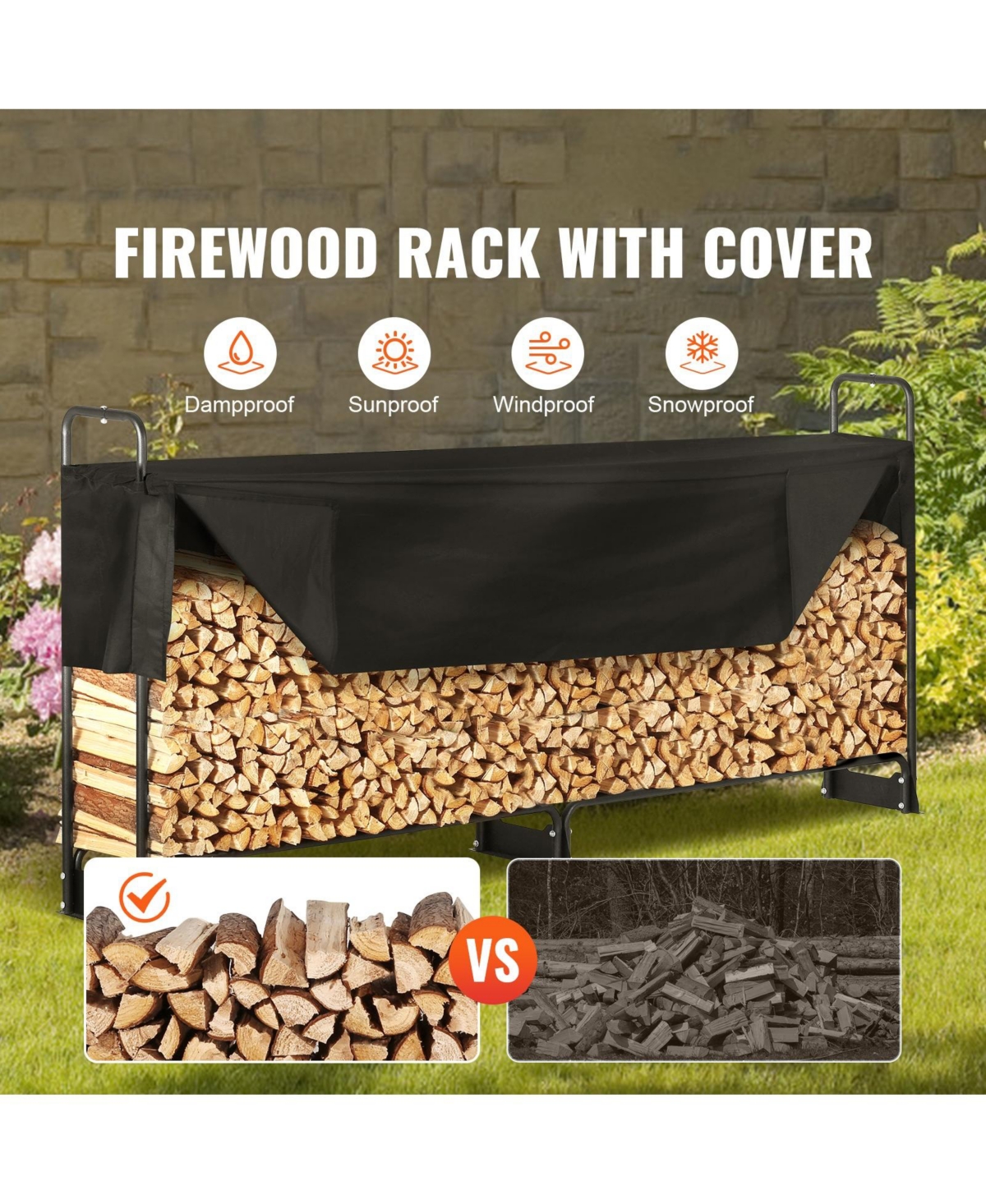 Cozito Firewood Rack with Water-Resistant Cover, 101 x 14 x 46 inches Outdoor Holder, 1/2 Cord