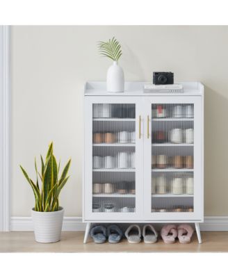 Modern 5-Tier Shoe Cabinet with Glass Double Doors Adjustable Shelves, Sturdy Support Legs, Entryway Storage Organizer for Hallway, Living Room