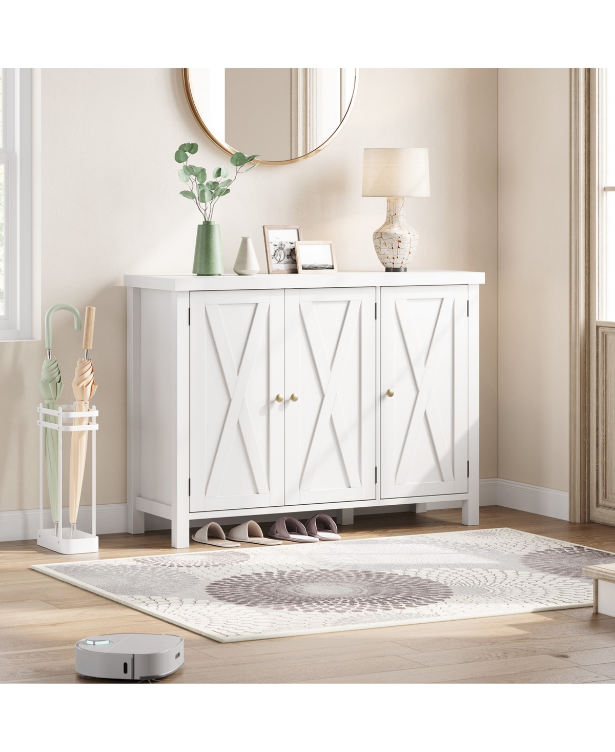 homfan Farmhouse Shoe Storage Cabinet with 3 Barn Doors, Freestanding Narrow Shoe Rack Organizer with Adjustable Shelves, Ideal for Entryway