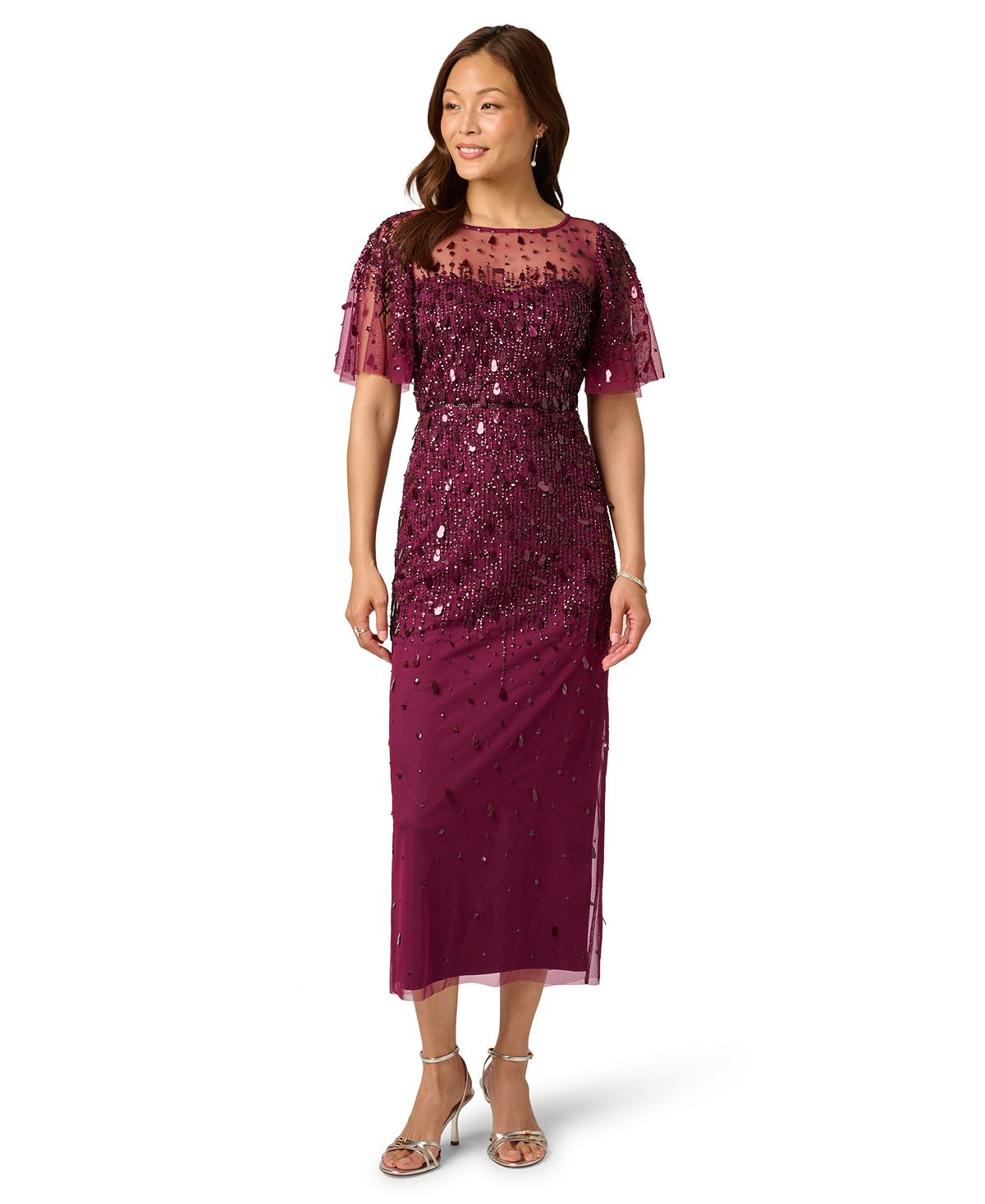 Adrianna Papell Women's Beaded Mesh Flutter-Sleeve Midi Dress view 2 — MAYCSS fashion products