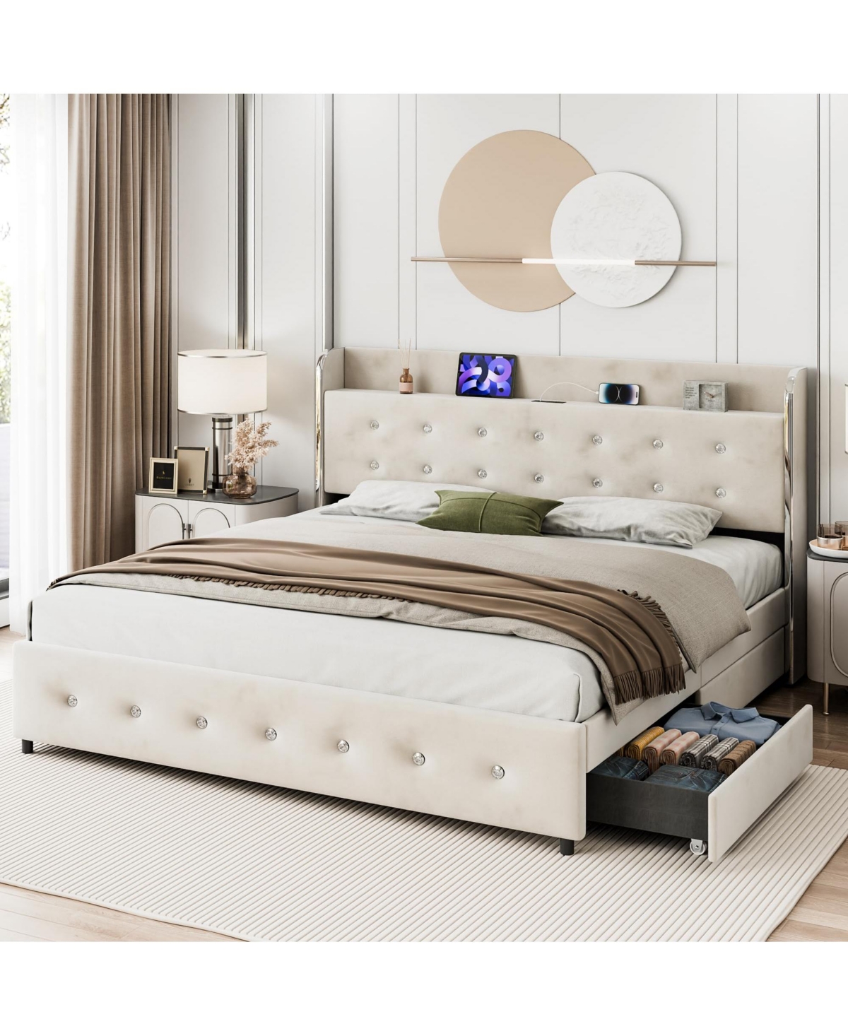 homfan Elegant Upholstered Platform Bed Frame Diamond Tufted Headboard with 4 Storage Drawers Space Saving Trundle