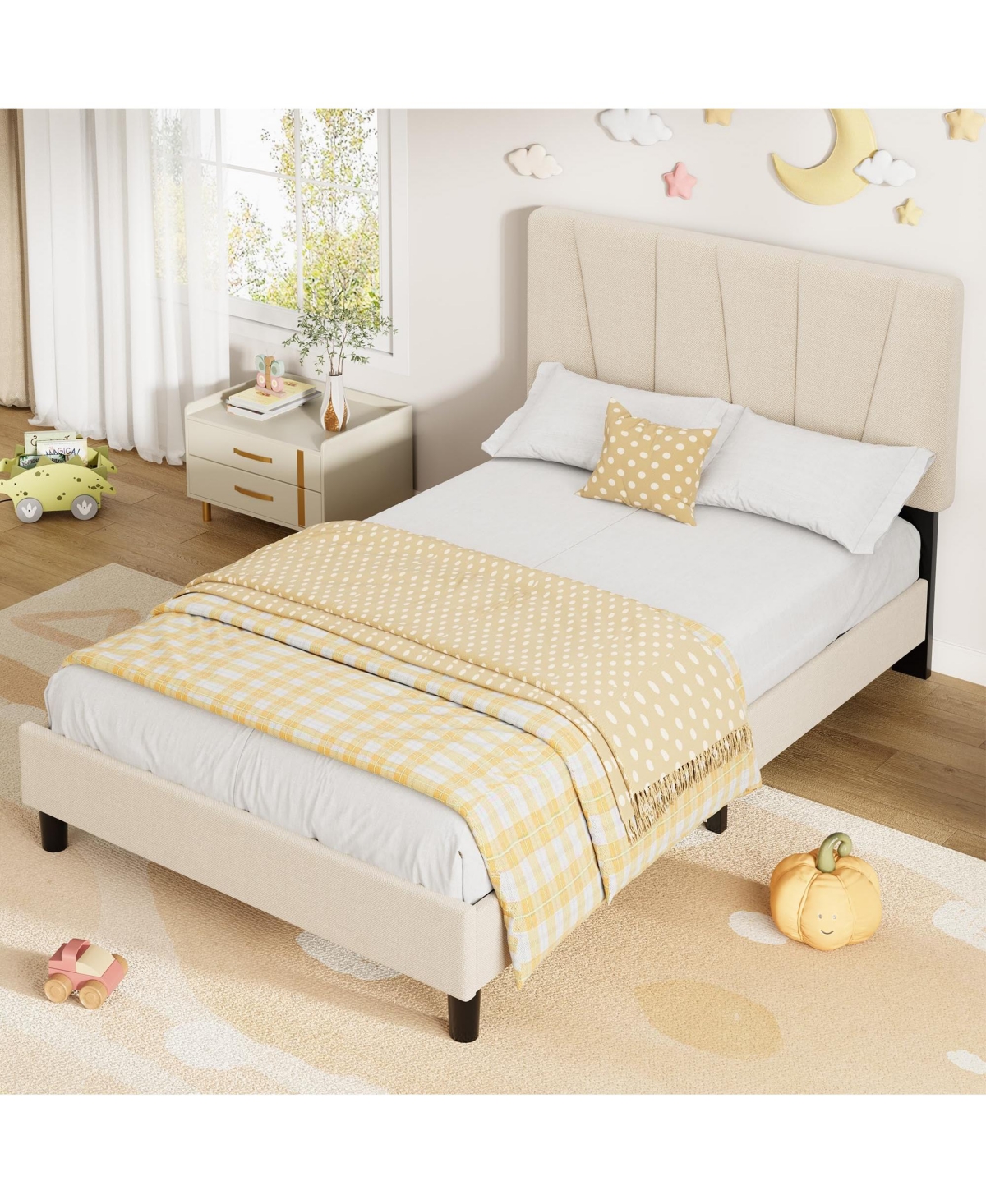 homfan 2 Set of Twin Size Bed Frame with Adjustable Headboard, Linen Upholstered Platform Bed with Wooden Slats