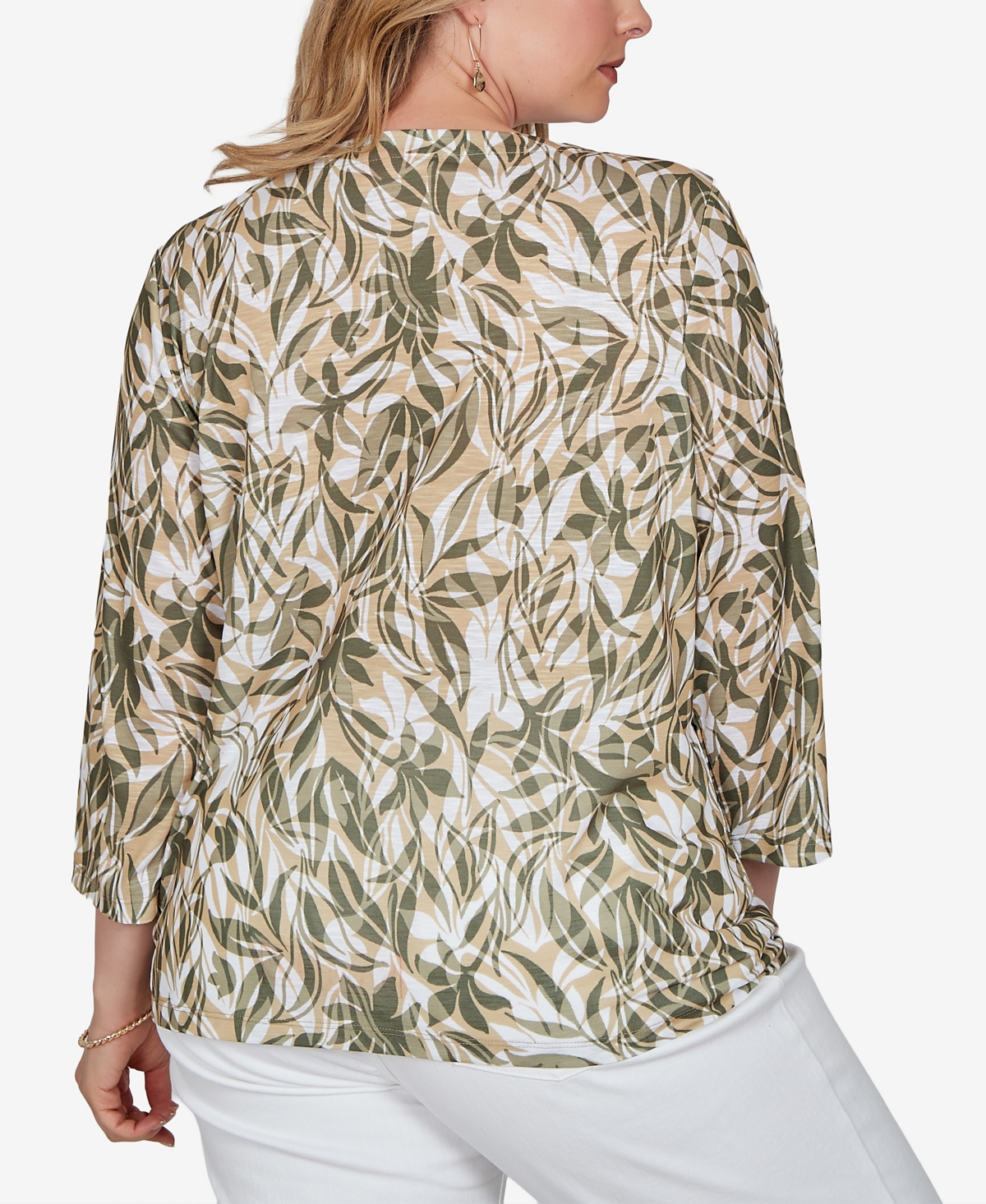 Hearts Of Palm Plus Green Leaf Printed Slub Top