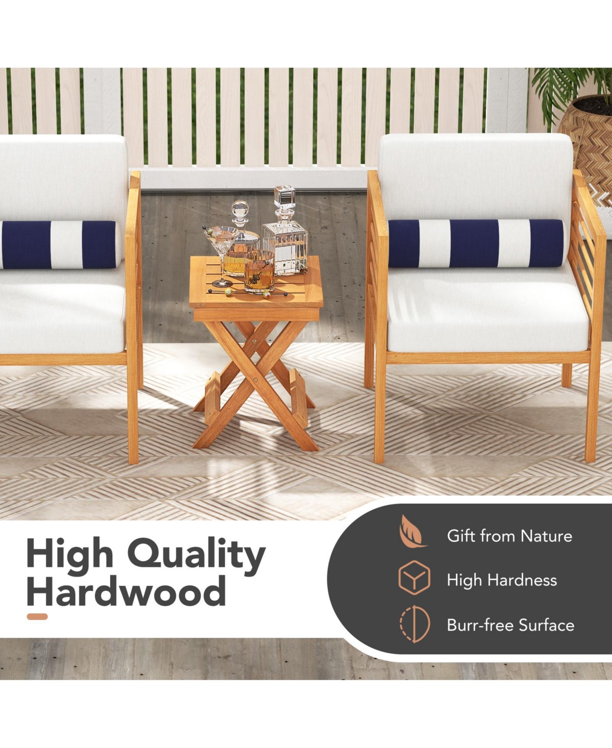 Wood Folding Square Table & 2pcs Rocking Chair Set with Slatted Seat & Tabletop