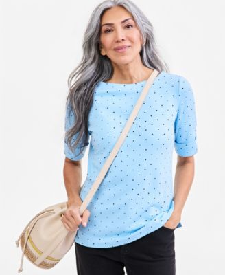 Petite Boat-Neck Polka-Dot Short-Sleeve Cotton-Blend T-Shirt