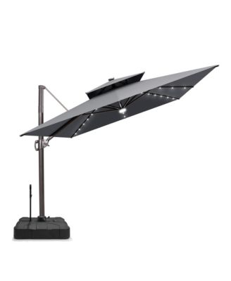 Outdoor Patio 9x11FT Aluminum Double Canopy Solar Lights Cantilever Umbrella with Rod Wheel Base