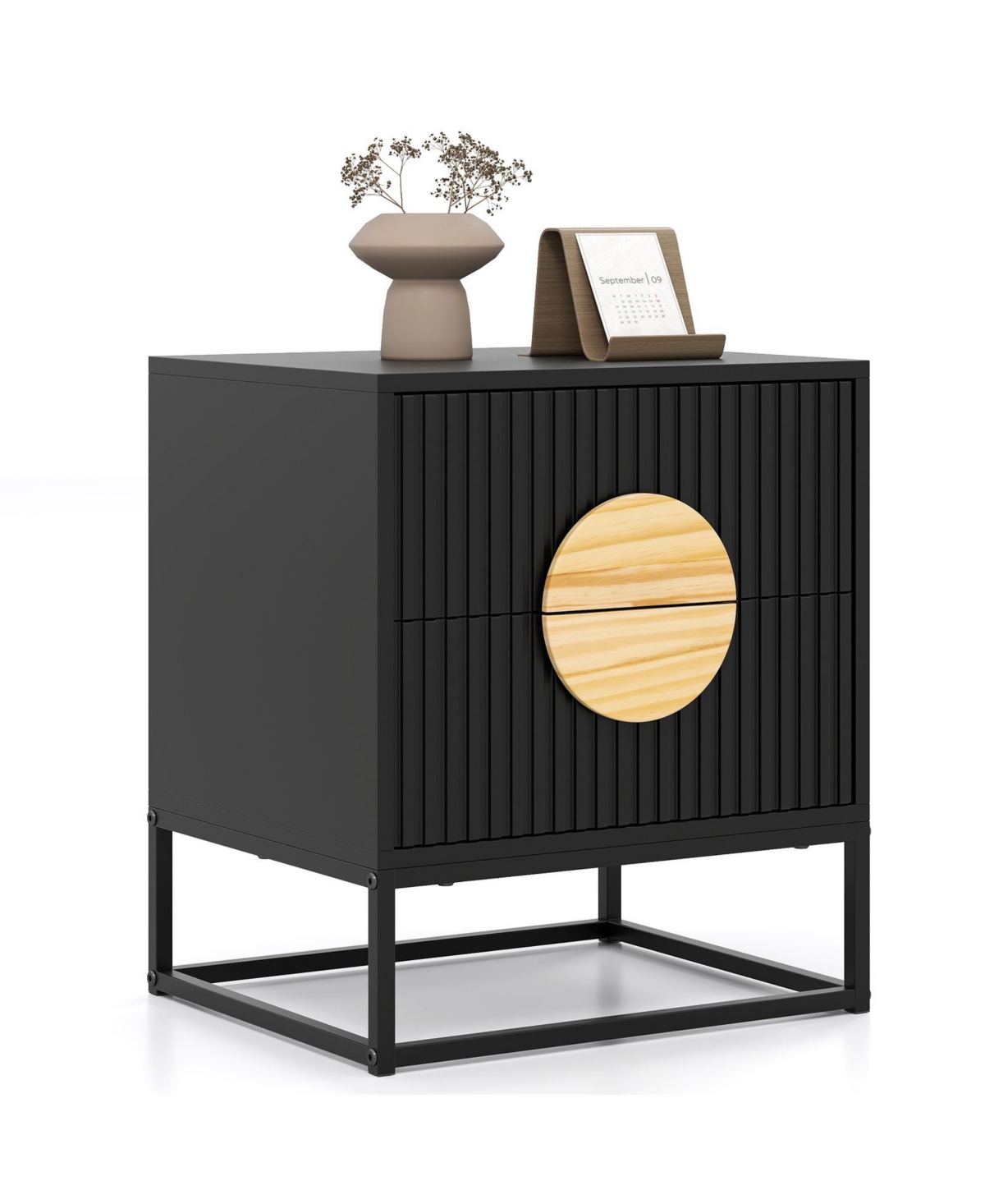 Slickblue Modern Mid Century Nightstand with Fluted Front and Pine Wood Handles