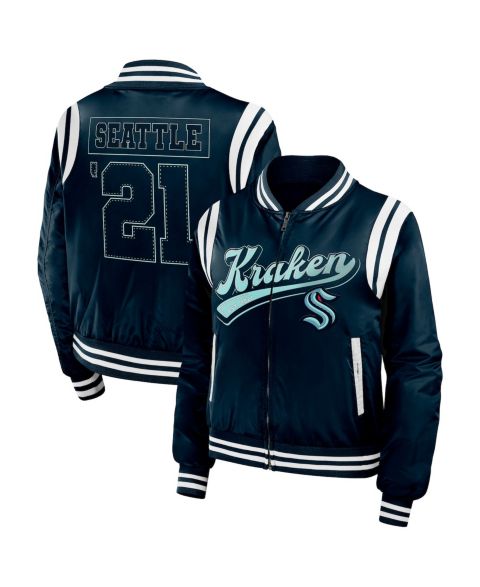Женские куртки WEAR by Erin Andrews Women's Deep Sea Blue Seattle Kraken Baller Full-Zip Bomber Jacket