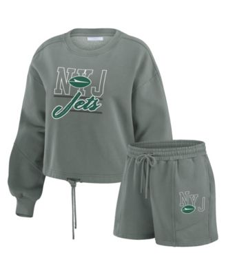 Women's 2-Piece Green New York Jets Washed Fleece Long Sleeve T-Shirt & Shorts Lounge Set