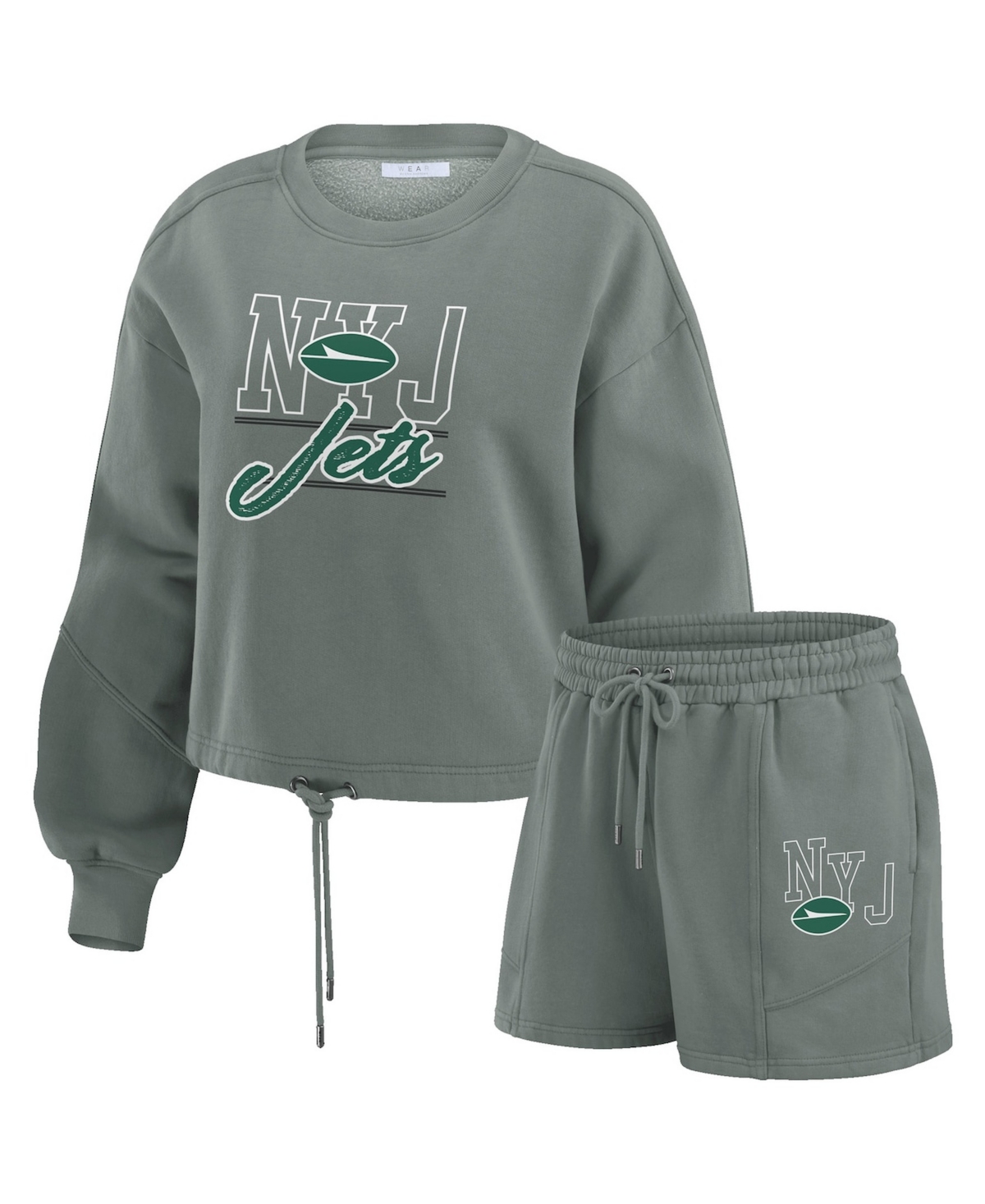 Wear by Erin Andrews Women's 2-Piece Green New York Jets Washed Fleece Long Sleeve T-Shirt & Shorts Lounge Set