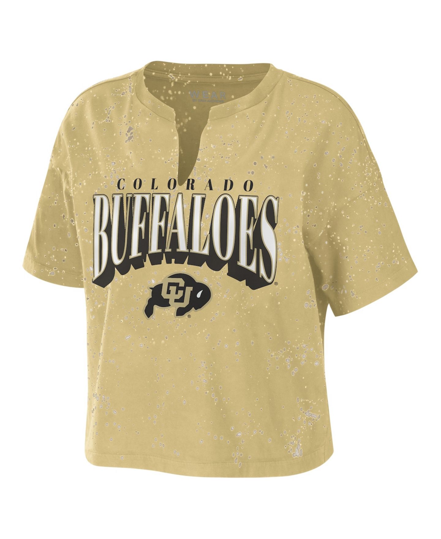 Женская футболка WEAR by Erin Andrews Tan Colorado Buffaloes Bleach Wash Splatter Cropped Notch Neck — фото 2