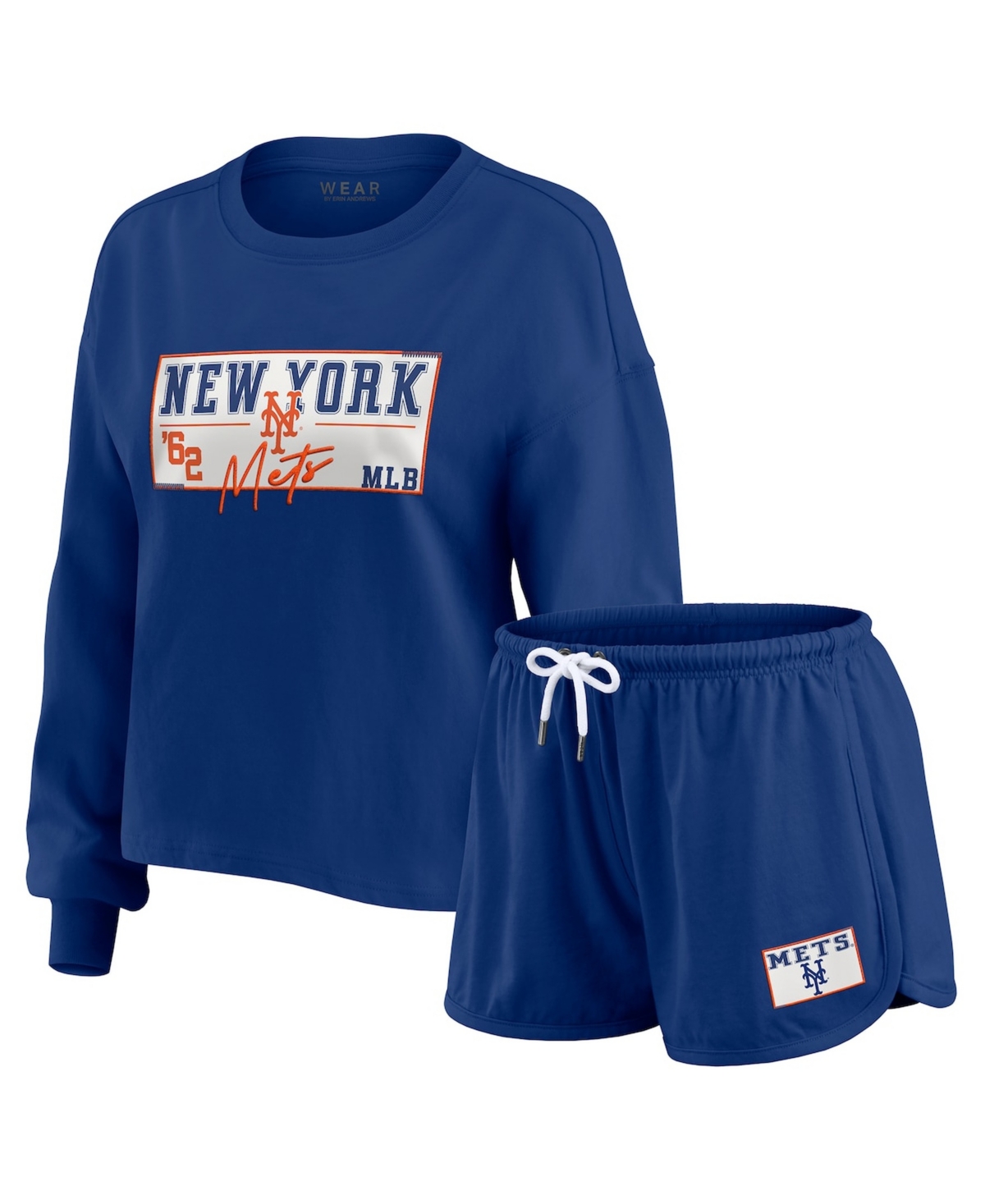 Wear by Erin Andrews Women's 2-Piece Royal New York Mets Heavy Rugby Jersey Cropped Long Sleeve T-Shirt & Shorts Lounge Set - Royal
