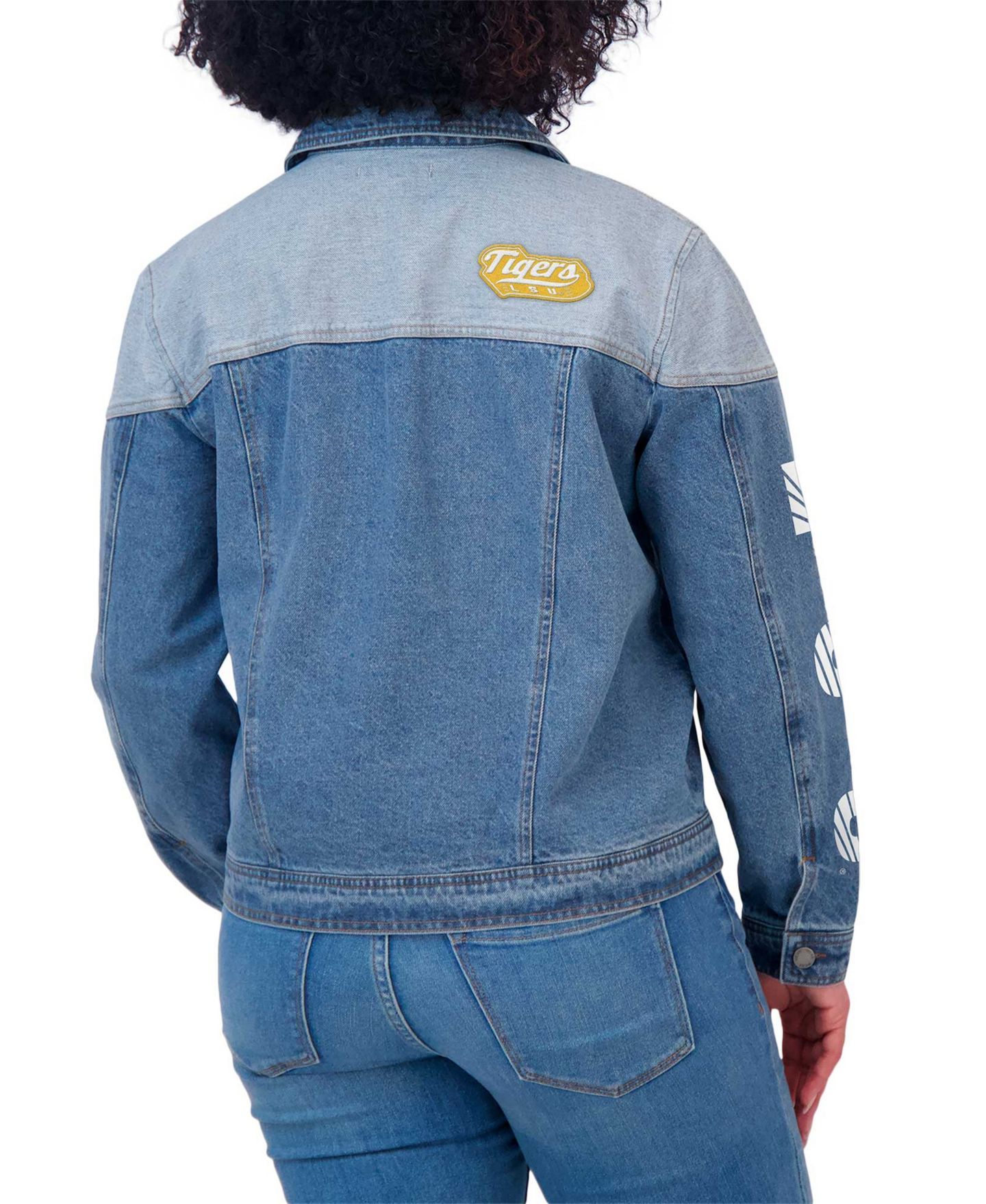Женская куртка WEAR by Erin Andrews Denim LSU Tigers Sleeve Hit Color Block Button-Down Denim Jacket — фото 5