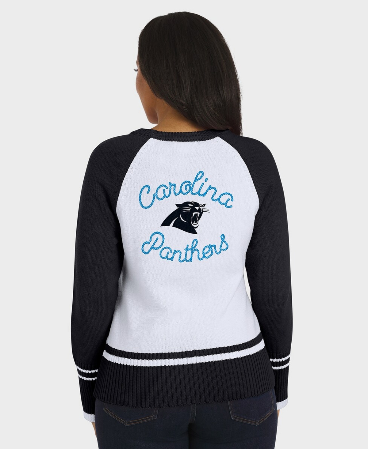 Wear by Erin Andrews Women's White/Black Carolina Panthers Colorblock Raglan Sweater