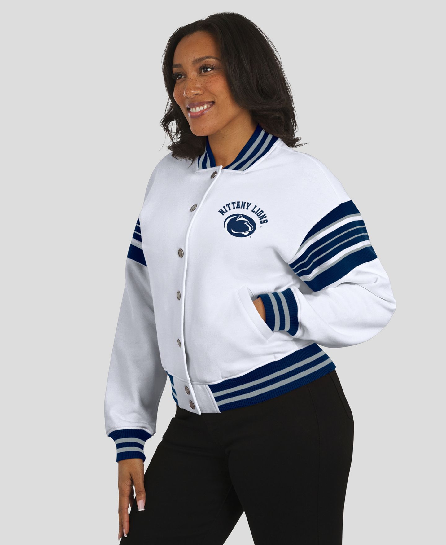 Женская куртка WEAR by Erin Andrews White/Navy Penn State Nittany Lions Satin Stitch Full-Snap Fleece Sweatshirt — фото 4