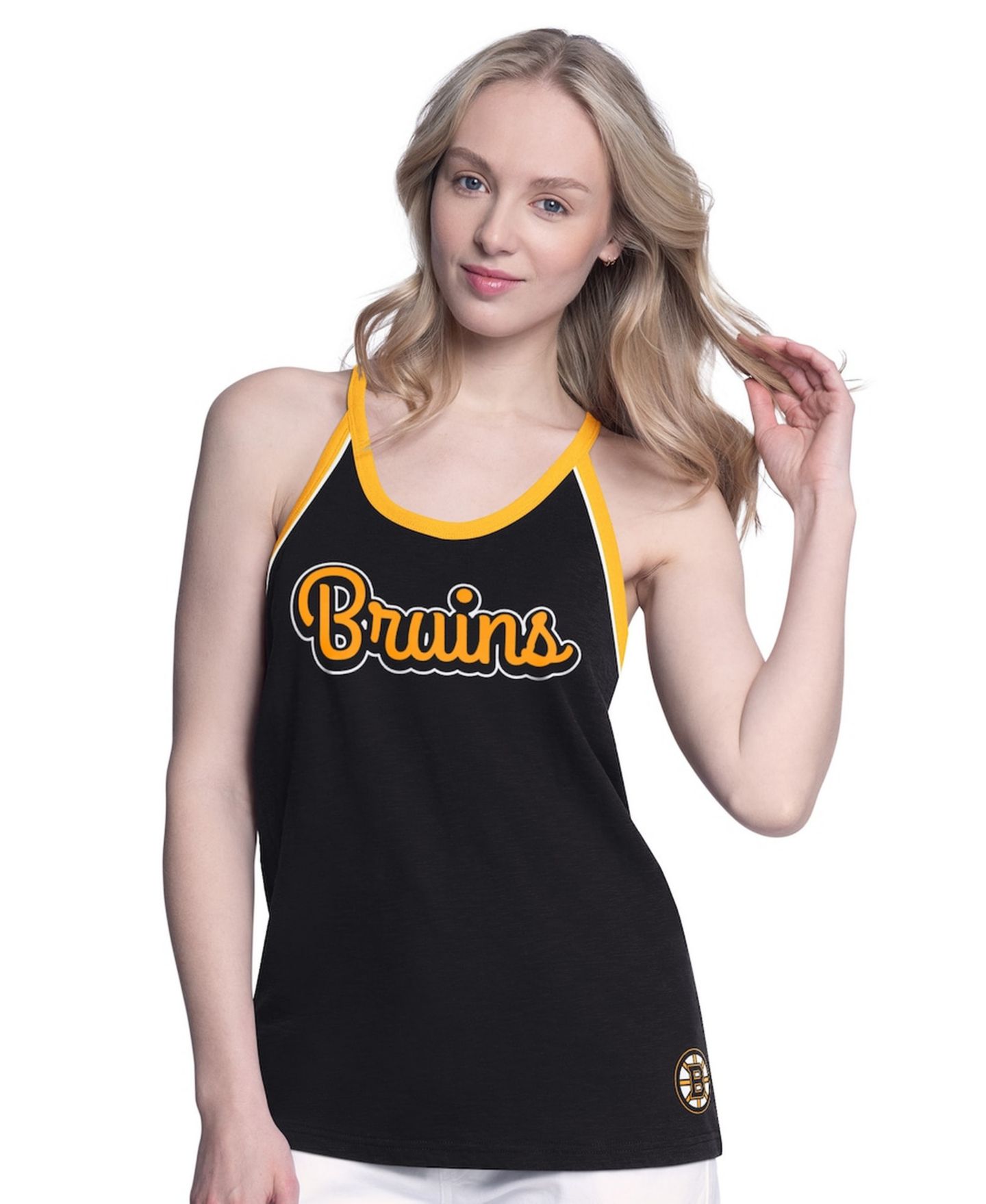 Женский топ G-III 4Her by Carl Banks Black Boston Bruins Curveball Racerback Scoop Neck Slub — фото 1