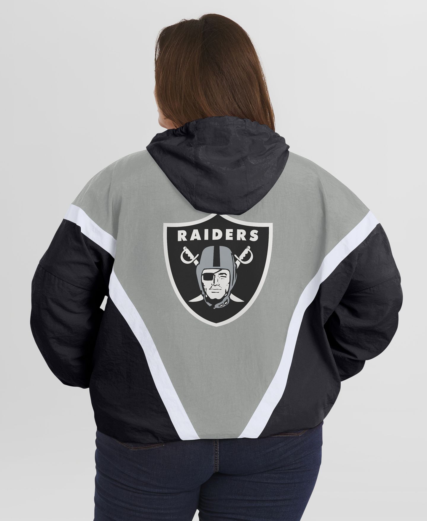 Женские худи WEAR by Erin Andrews Black/Gray Las Vegas Raiders Plus Size Retro Crinkle Full-Zip Windbreaker Jacket — фото 5