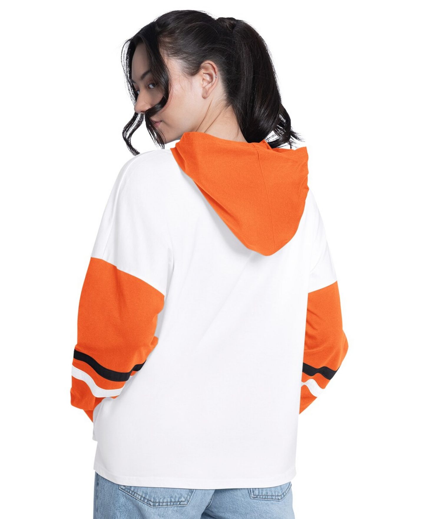 Женская футболка G-III 4Her by Carl Banks White/Orange Baltimore Orioles Key Player Oversized Hooded Long Sleeve — фото 2