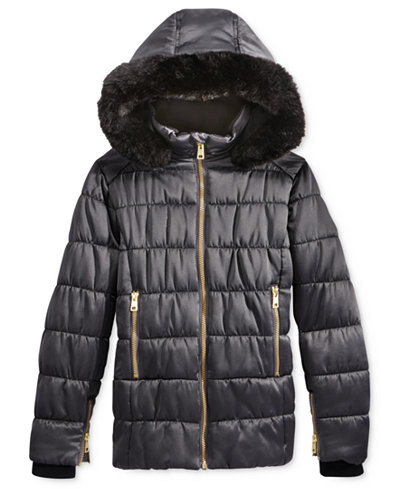 S. Rothschild Girls' Matte Puffer Jacket with Faux Fur Trim, Big Girls (7-16)