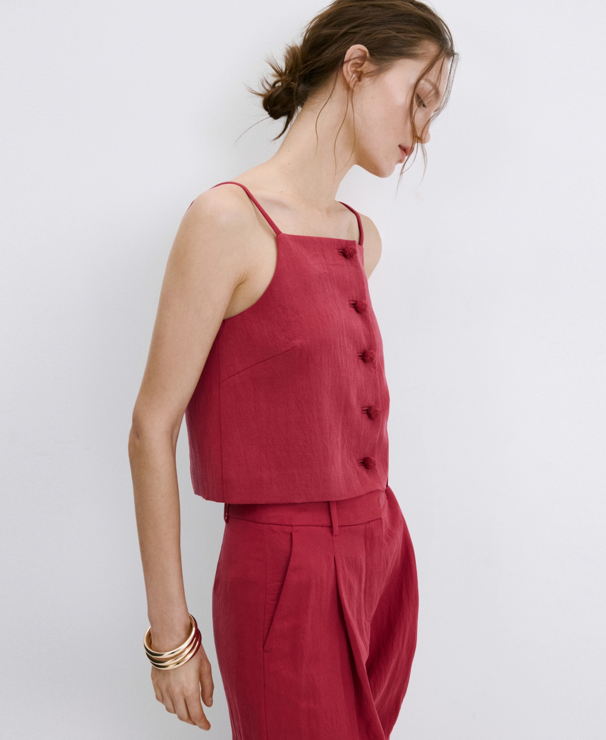 Mango Square Neck Button Front Top In Red