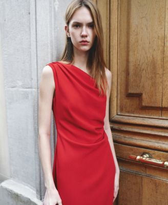 mango red asymmetrical dress MANGO - Side Ruched Asymmetric Dress Red