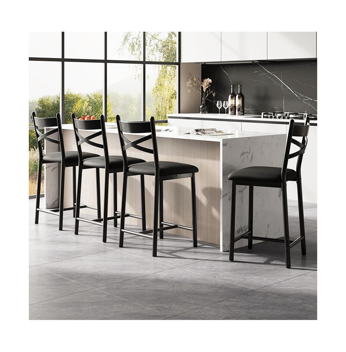 homfan Set of 4 Bar Stools, 26 Inch Black Pu Leather Stools with Straight Back and Thick Cushion for Kitchen Island or Dining Room