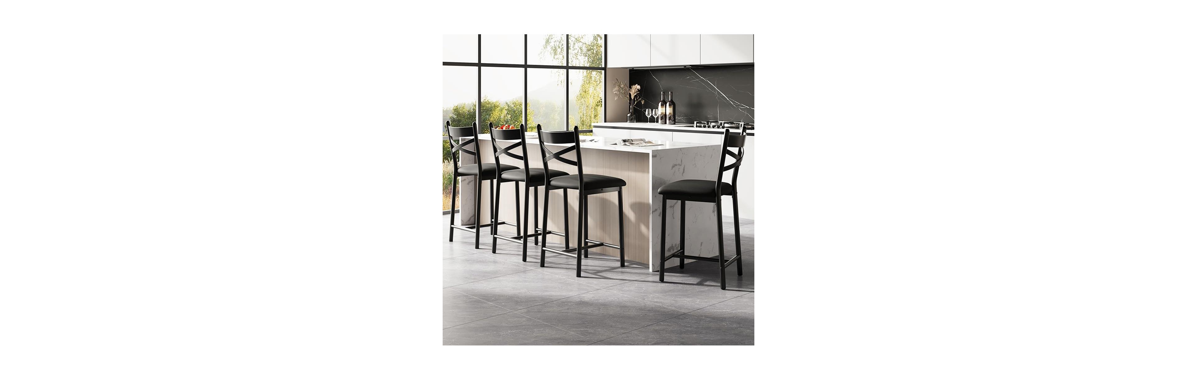 homfan Set of 4 Bar Stools, 26 Inch Black Pu Leather Stools with Straight Back and Thick Cushion for Kitchen Island or Dining Room