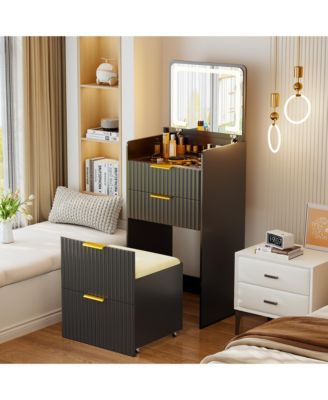 3-in-1 Flip Top Mirror Vanity Desk, Glass Desktop Dressing Table with 3 Drawers and Padded Stool