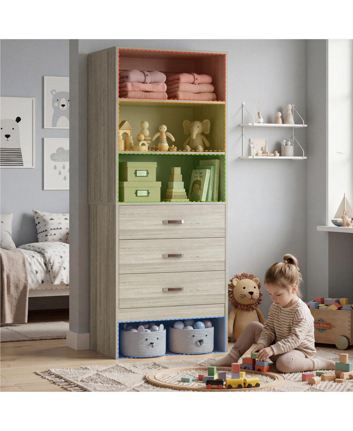 Aheaplus Bookshelf Cabinet with 3-Drawers and Shelves, Wooden Closet Organizer