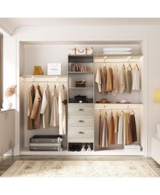 Closet System with 3 Hanging Rods, 3 Drawers and 3 Shelving Tower, 5-8 Feet Walk-in Closet Organizer