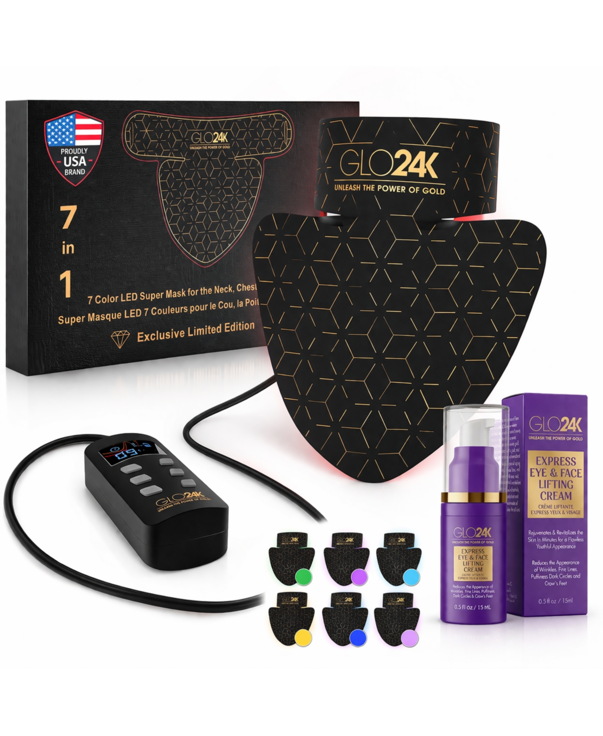 GLO24K 7 Color Led Neck, Chest and Decollete Mask with Express Eye and Face Lifting Cream, Firming and Anti Aging Treatment for Smoother, Tighter Skin