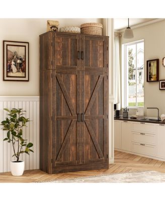 71" Tall Wooden Pantry Cabinet with Shelves, Kitchen Storage Cabinet with 4 Barn Doors