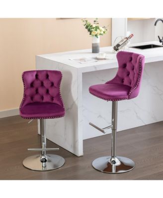 Bar Stools Set of 2, Adjustable Counter Height Chairs with Nailhead Trim and Metal Base for Kitchen Island