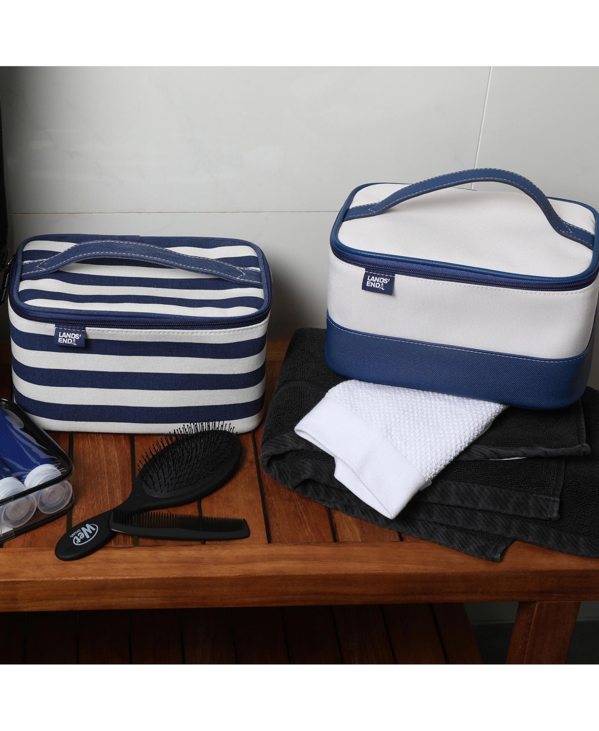 Lands' End Large Makeup Bag Train Case with 2 100 Ml Plastic Travel Bottles, Soft-Sided Cosmetic Travel Bag