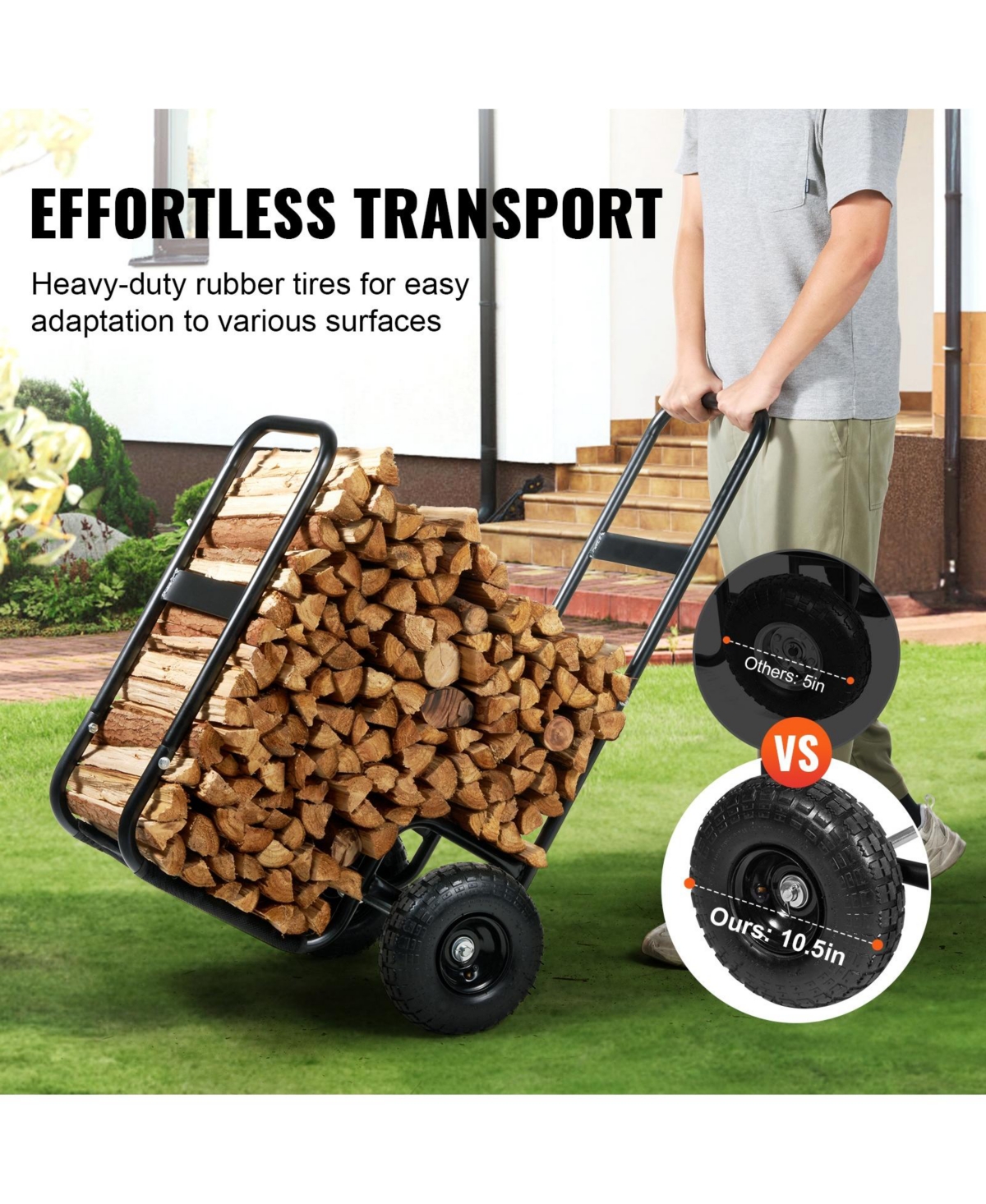 Cozito Firewood Log Cart, 250 lb Capacity Steel Dolly with Pneumatic Rubber Wheels