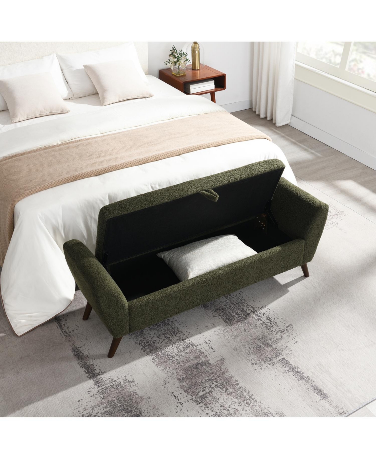 Rainsken 60' inch Modern Storage Bench, with Mid-Centruy Wood Legs, Hidden Storage, Comfort Padded Seat