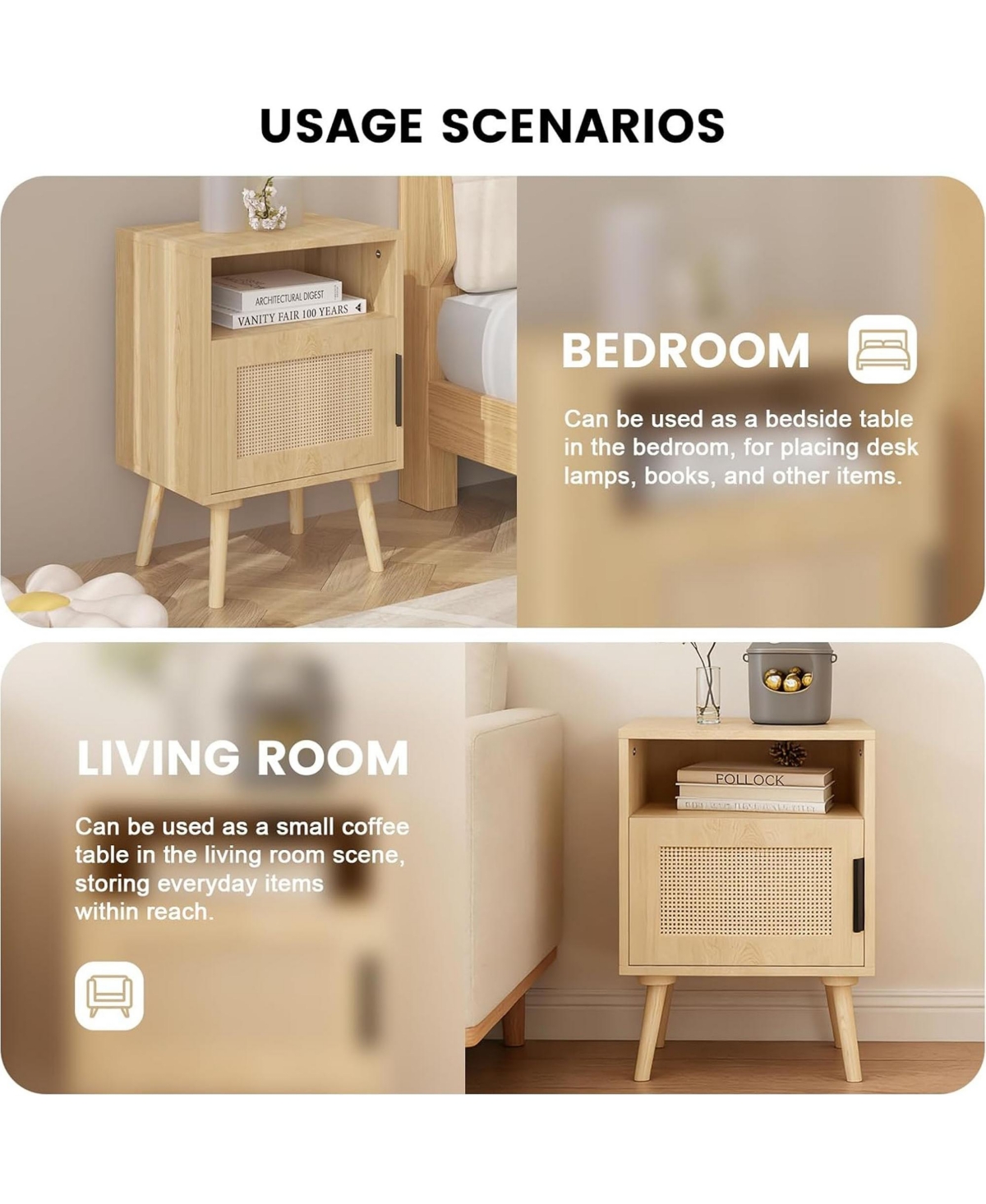 Rainsken Rattan Nightstand, Bedside End Table with Door Open Shelf, Side Table with Solid Wood Legs for Bedroom, Dorm and Small Spaces