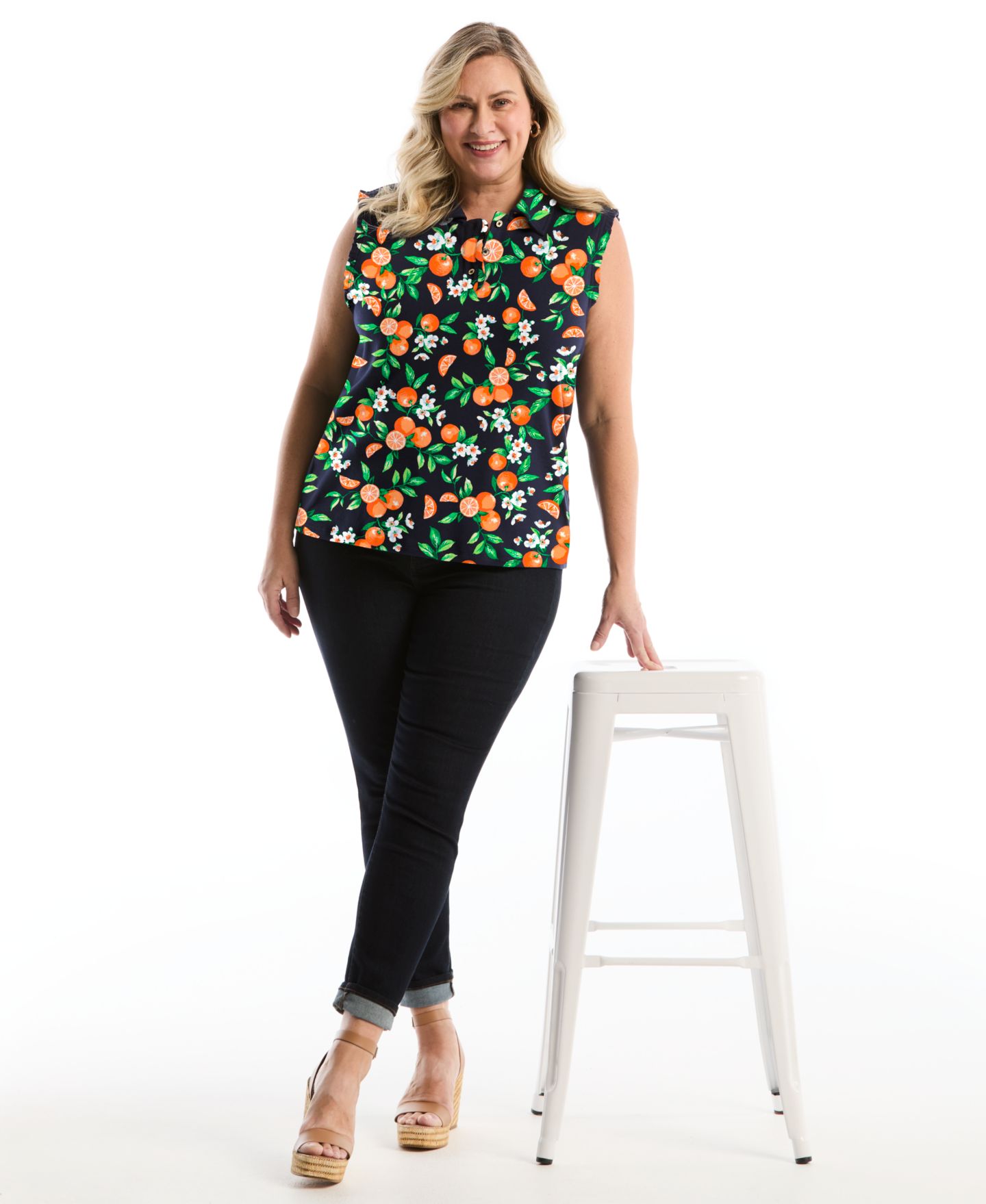 Женское поло Rafaella Plus Size Orange Print Ruffle Trim Sleeveless Polo, цвет: Nectarine — фото 3